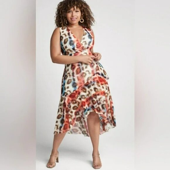 Venus Multicolor Leopard Print Midi Dress Layered Tiered High-Low Pullover SZ S - Picture 1 of 14